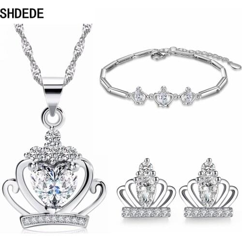 Heart Princess Crown Necklace Pendants Stud Earrings Bracelets Jewelry Sets Women Fashion CZ Accessories Bride Party Gifts