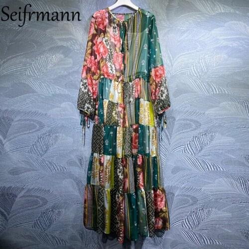 Seifrmann New 2021 Summer Women Fashion Runway Party Long Dress Lantern Sleeve Bow Floral Print Patchwork Beach Holiday Dresses