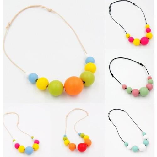 1pc Rainbow Wooden Bead Nature Wood Ball Wrap Rope Chain Necklace For Women Jewelry