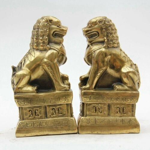 5.9" High bronze Pair lions Statue Copper Lion Animal Figurine art sculpture