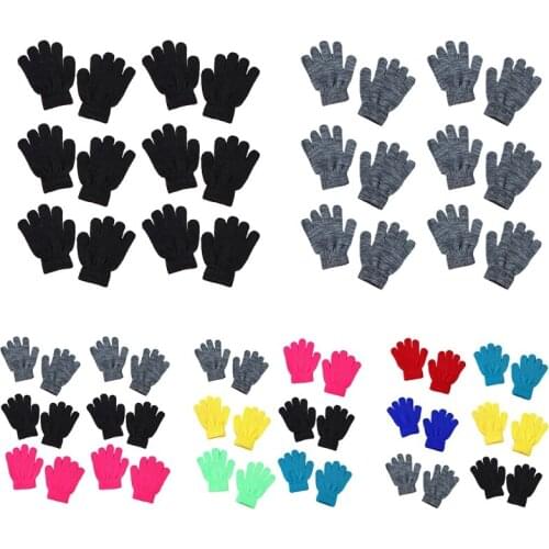 6 Pairs Children Kids Winter Knitted Full Finger Gloves Student Neon Solid Color Outdoor Cycling Warm Magic Mittens