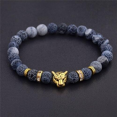 Weathering Stone Leopard Head Beaded Bracelet For Men New Fashion Natural Stone Tiger Eye Onyx Lava Beads Bracelets