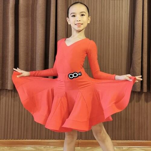 Professional Latin Dance Competition Dress For Girls Long Sleeves Regulation Dance Dress Orange Chacha Samba Dancing Clothes Kid