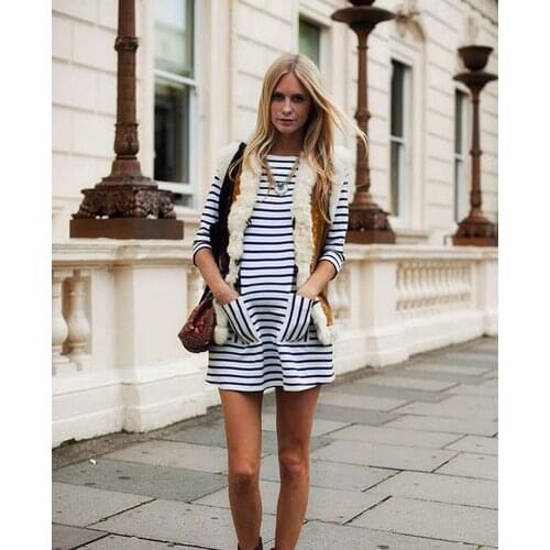 European And American Summer Fashion Womens Wear Long-Sleeved Black White Striped Casual Loose Dress