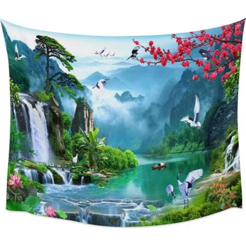 Mountains Waterfall Crane Boat Flower Jungle Wall Tapestry Cover Beach Towel Picnic Yoga Mat Home Decoration