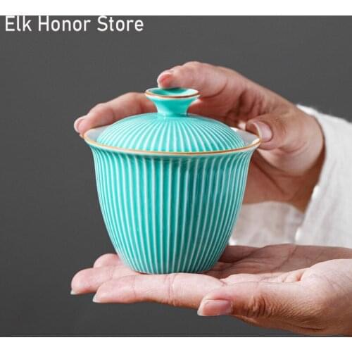 130ml Ceramic Hishimonus Sancai Cover Bowl Tea Cup Tea Bowl Single Kungfu Tea Set Household Tea Maker Hand Grasping Pot Coarse