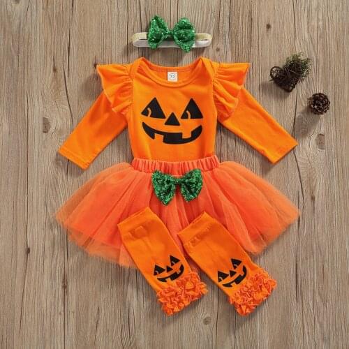 4Pcs Halloween Pumpkin Outfit Baby Girls Autumn Clothes Long Sleeve Round Collar Romper + Mesh Bubble Skirt + Leggings +Headwear