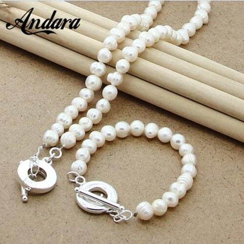 Pearl Jewelry Sets 925 Sterling Silver Natural Freshwater Pearl Necklace Bracelet Set Fashion Women Jewelry Wedding Gift