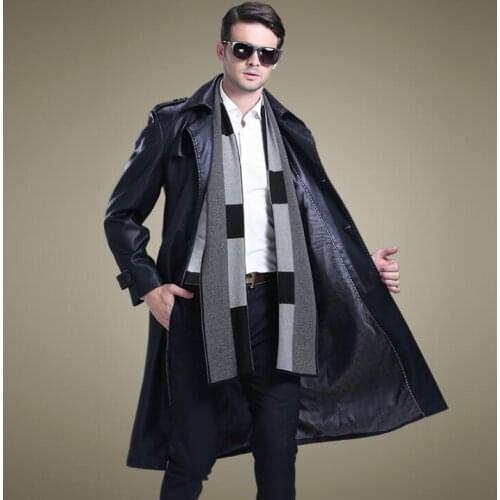 Korean autumn black suit collar casual leather coats men slim single-breasted long coat mens leather trench coats fashion 4XL