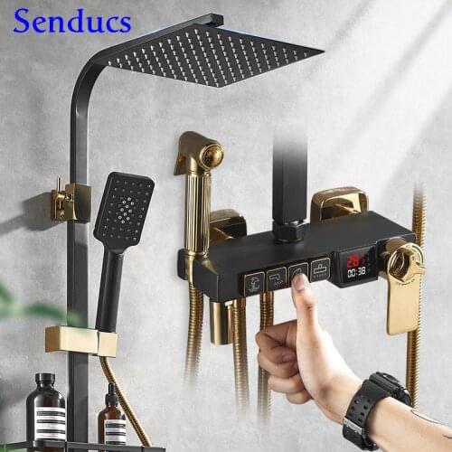Black Gold Thermostatic Bathroom Shower Set 10 Inch Rainfall Shower Head Wall Mounted Hot Cold Bathroom Digital Shower Mixer Set