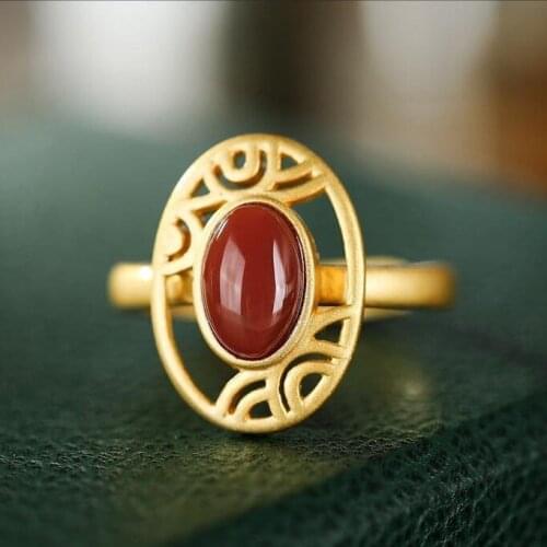 Natural South Red Agate Ring Tide Retro Aloofness Style Female S925 Silver Ancient French Gold Niche Personality Opening Adjusta