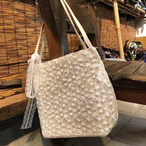 New Women Lace Woven Shoulder Bag Embroidered Bucket Beach Bags Straw Knitting White Zipper Handbag Casual Travel Shopping Tote