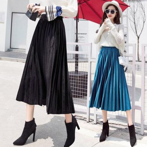 Latest Gold Velvet Pleated Skirt Spring Autumn Women Skirt Midi Casual Party Vintage Skirt Lady High Waist Elascity A-line Skirt