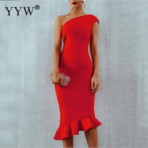 New 2021 Women Elegant One Off Shoulder Midi Evening Dress Female Bodycon Ruffle Sexy Party Dress Femme Vestidos Robes
