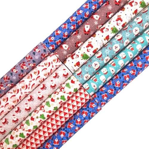 Christmas Santa Claus Printed Chunky Glitter Faux Vinyl Leather Fabric Felt Backing Glitter Leather For Bows Earrings DIY FZ270A