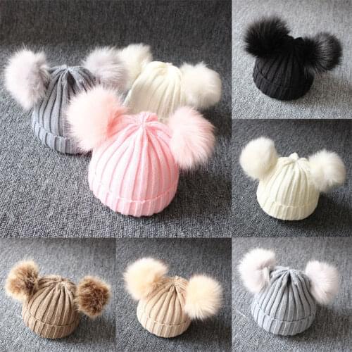 1-3 Years Winter Newborn Wool Knitted Hat Children Infant Baby Caps Kids Beanie with Two Double Pom Pom Beanie for Boys Girl