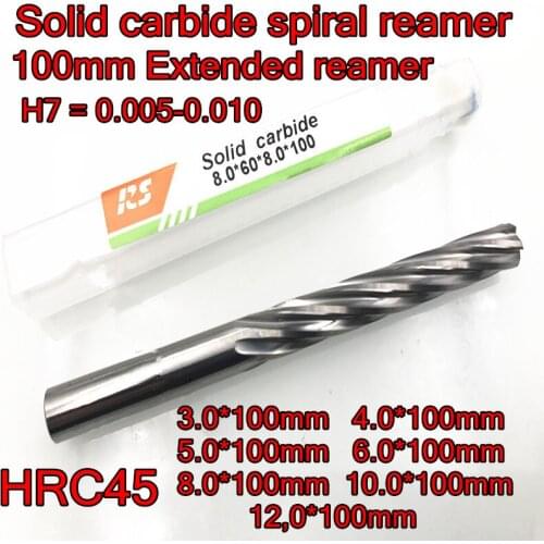 Solid carbide 100mm extension spiral reamer HRC45 H7 0.005-0.010mm 3 4 5 6 8 10 12mm Free shipping