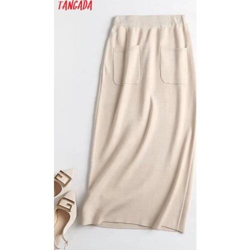 Tangada 2021 Women Beige Sweater Midi Skirt High Quality Office Ladies Elegant Chic Mid Calf Skirts 4C27