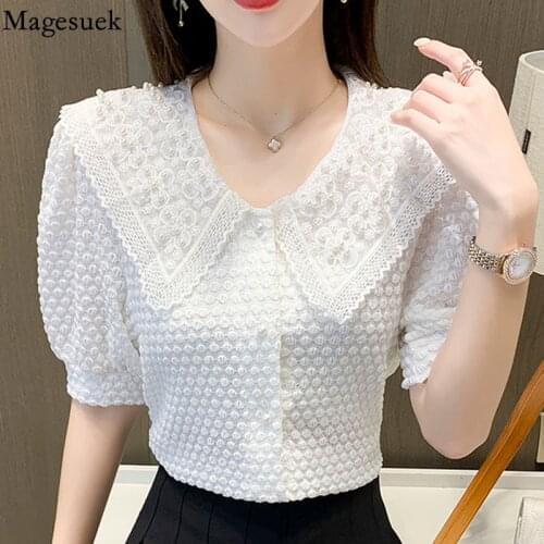 Sweet Beading White Blouses Women Korean Doll Collar 3D Pleated Lapel Top Female Short Sleeve Loose Summer Womens Shirt 15529