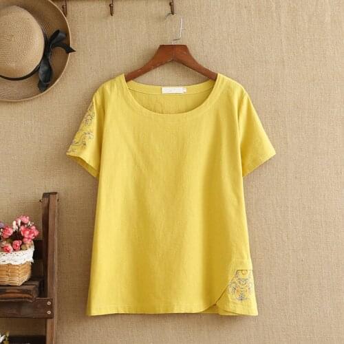 Plus Size Shirt Short Sleeves O-Neck Natural Cotton And Linen Fabric Embroider Flower Design Chinese Style For Fatlady In Summer