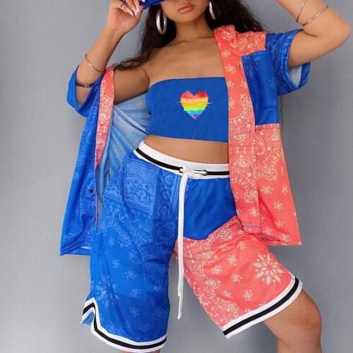 Summer Hip Hop Boho Graphic 2-pieces Sets Notched Shirts Knee Length Drawstring Sweatpants Tracksuits High Street Fashion Women