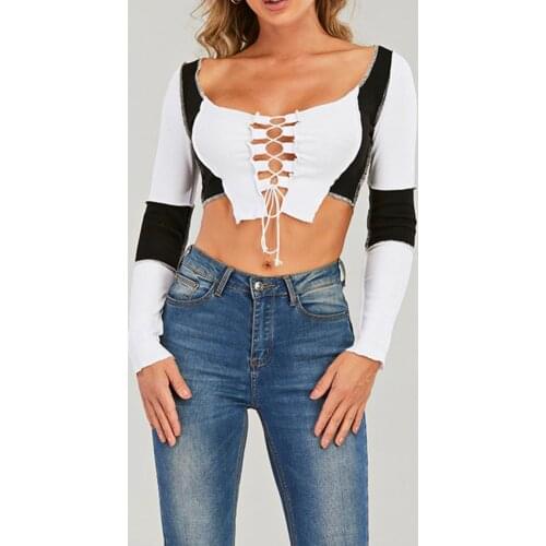 Women Stylish Hollow Out Long Sleeve Crop Top Blouse Women Blouse Color Block for Club