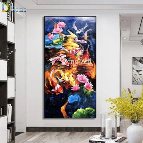 5D DIY Diamond Painting Full Square Round Diamond Embroidery Brocade Carps Lotus Abstract Oil Painting Chinese Style Beaded Kits