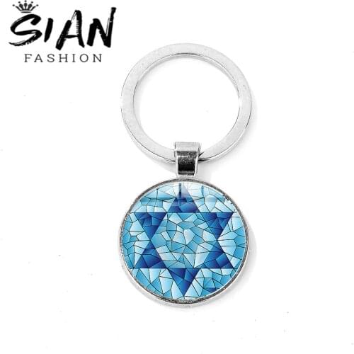 SIAN Star of David Pattern Trendy Keychains Convex Glass Dome Keyring Six Point Star Amulet Religion Symbol Pendant Jewelry Gift