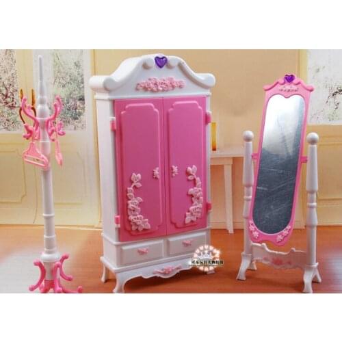 Free Shipping Simulation wardrobe dressing mirror Girl birthday gift plastic Play Set girl toys doll Furniture for barbie doll