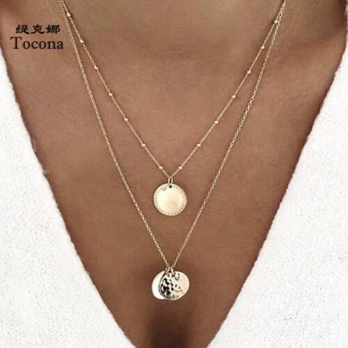 Tocona Bohemian 2 Layers Charms Pendant Necklace for Women Geometry Round Chain Chockers Minimalist Jewelry Wholesale A11407