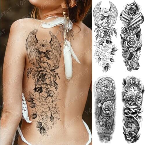 Large Arm Sleeve Tattoo Big Wing Gun Rose Waterproof Temporary Tatto Sticker Clock Flowers Body Art Full Fake Tatoo Women Men
