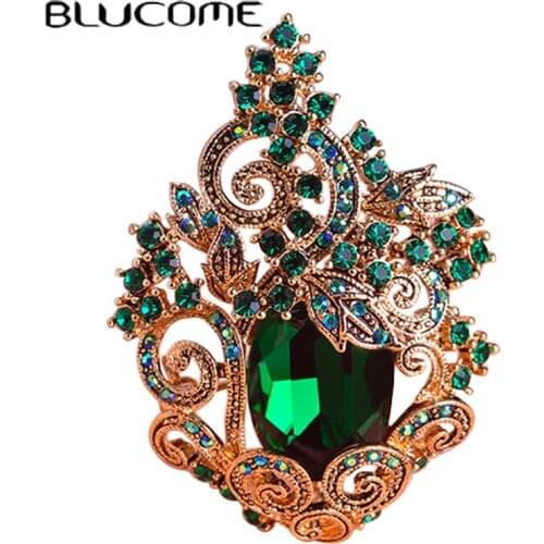Blucome Retro Green Large Peacoke Crystal Brooches Vintage Jewelry Wedding Brooch Bouquet Corsages Antique Gold Flower Hijab Pin