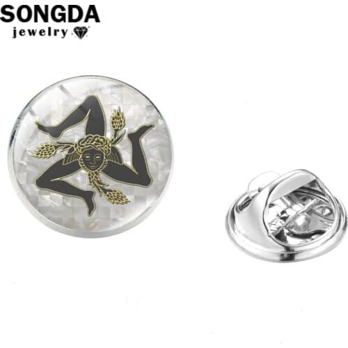 SONGDA Sicilian Sign Trinacria Lapel Pin Sicily Features Art Photo Glass Cabochon Stainless Steel Collar Pin Icon Badge Men Gift