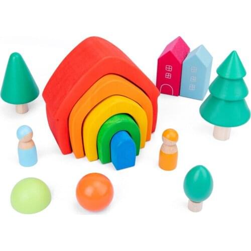 Wooden toys Elemental Building Blocks Earth/ Volcano/Coral/House Rainbow Blocks DIY Blocks For Kids Educational Birthday Gift