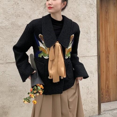 Designer Wool Coat Women Bird Embroidered Coat Ribbon Black Tweed Jacket Fashion 2021 Kawaii Outerwear Korean C347