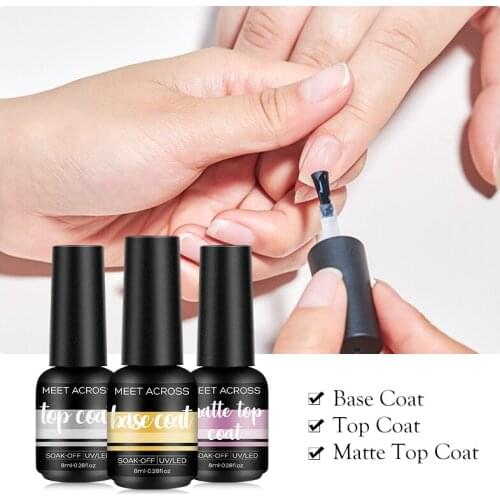 MEET ACROSS Base and Top Coat Nail Gel 8ml UV LED Lamp Gel Nail Art Manicure Gel Nail Polish Semi Permanent Color Gel Polish