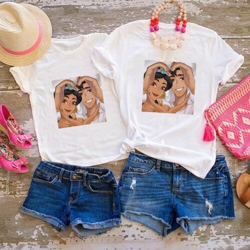 Disney Identical Sets For Family T-shirt Jasmine Princess And Aladdin Print T Shirt Women Men Tops Cute Kids Tee Couple Shirt