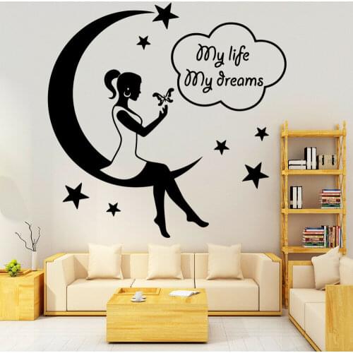 Beautiful Young Girl Wall Sticker Murals Kids Room Decoration Stars With Moon Wall Decals Art Removable Vinyl Wallpaper AF024