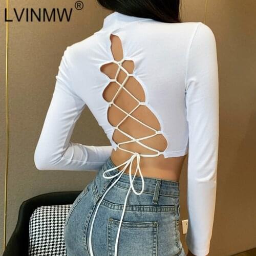 LVINMW Sexy Round Neck Long Sleeve Back Lace Up Hollow Out White Crop Top Woman tshirts Slim Trendy Solid Basic Tops Streetwear