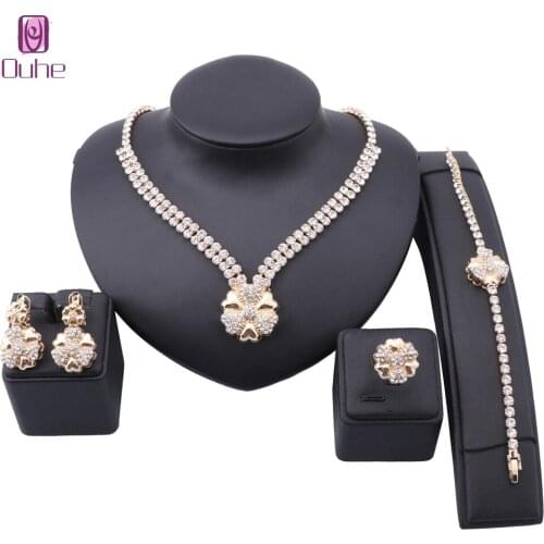 Women Gold Color Rhinestone Crystal Bridal Wedding Necklace Earrings Bracelet Ring Dress Accessories Bridesmaid Jewelry Sets