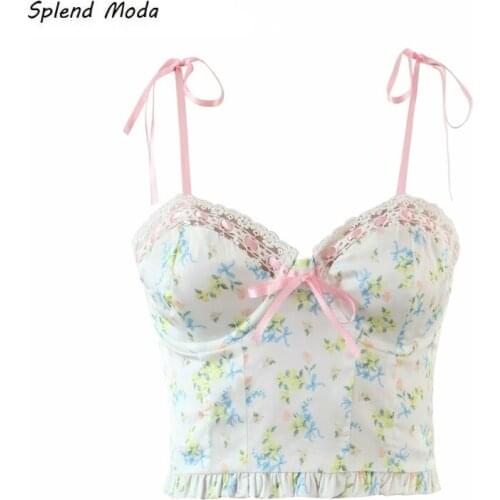 2021 New Fashion Summer Sweet Sexy Mesh Stitching Floral Print Camis Short Vest Bottoming Crop Tops for Women Cottagecore