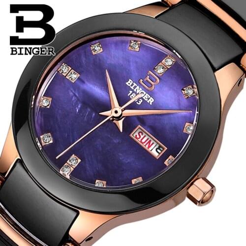 Genuine Switzerland BINGER Brand Men ceramic Women watches fashion sports calendar sapphire table harbor White free shipping