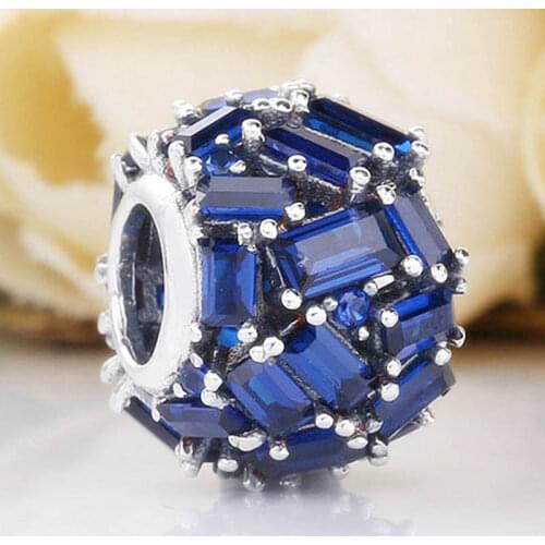 Original Blue Chiselled Elegance With Baguette Crystal Beads Fit 925 Sterling Silver Charm Bracelet Bangle DIY Jewelry