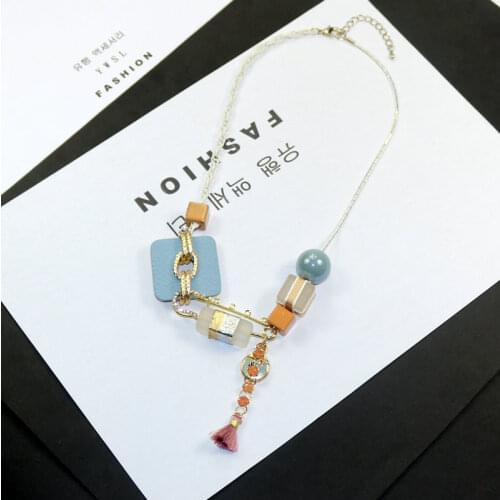New Woman PU Necklace Geometric Beads Resin Pendant Necklace Fashion Tassel Pin Accessories Jewelry