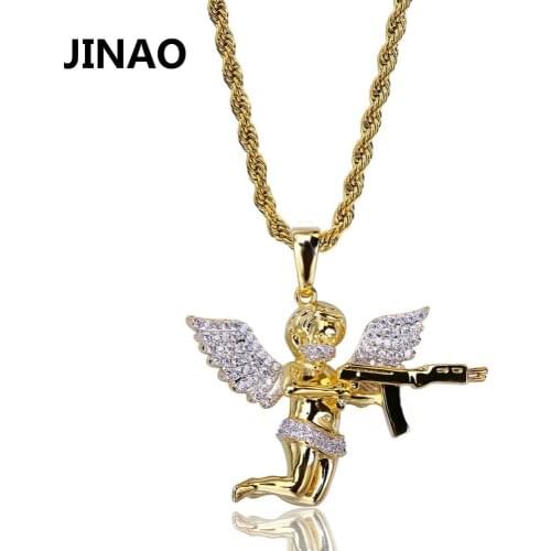 JINAO Hip Hop Copper Gold Color Plated Iced Out Micro Pave CZ Stone Angel Wing With Full Pendant Necklace for Men Women