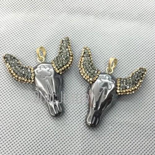 M51127526 Hematite Pendant Tribal Buffalo Horn Skull Pendant with Clear or Gold and Gunblack Toned Rhinestone