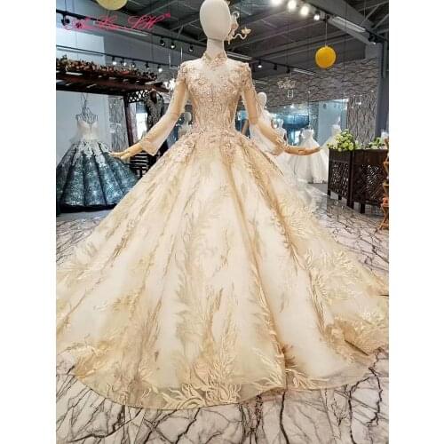AnXin SH Luxury princess champagne flower lace beading crystal high neck sparkly long sleeve wedding dress 100% real photo