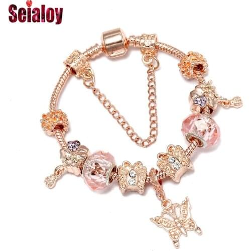 Seialoy Rose Gold Shiny Butterfly Charm Bracelets For Women Girl Original Colorful Garden Crystal Beaded Fine Bracelet Jewelry