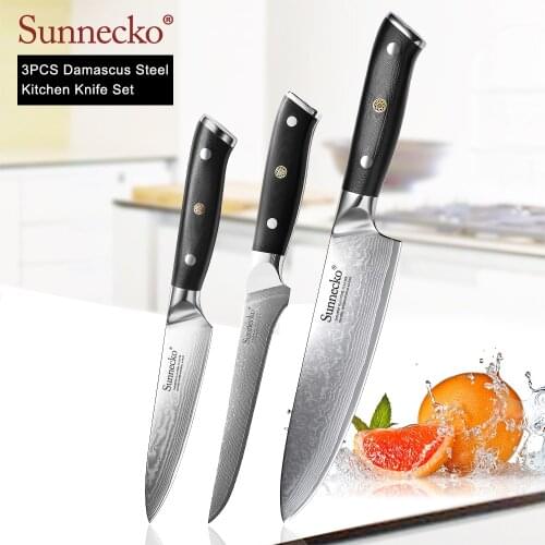 SUNNECKO Damascus Chef Utility Boning Knife Japanese VG10 Steel G10 Handle Sharp 3PCS Kitchen Knives Set Meat Fruit Cutter Tools