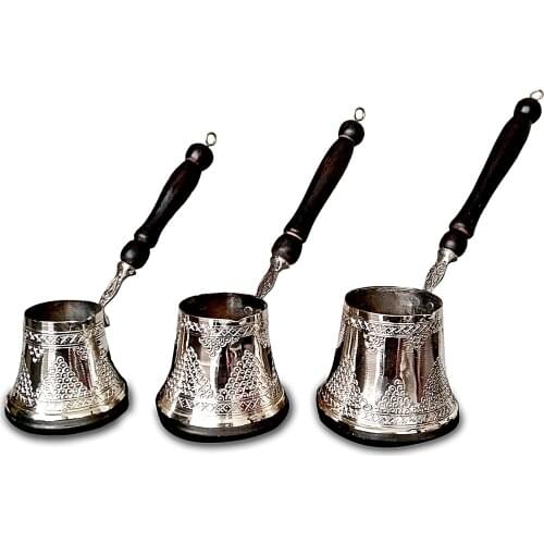 Turkish Copper Coffee Pot Triple Set, Grapes Pattern With Wooden Handle , Traditional Handmade Copper Cezve